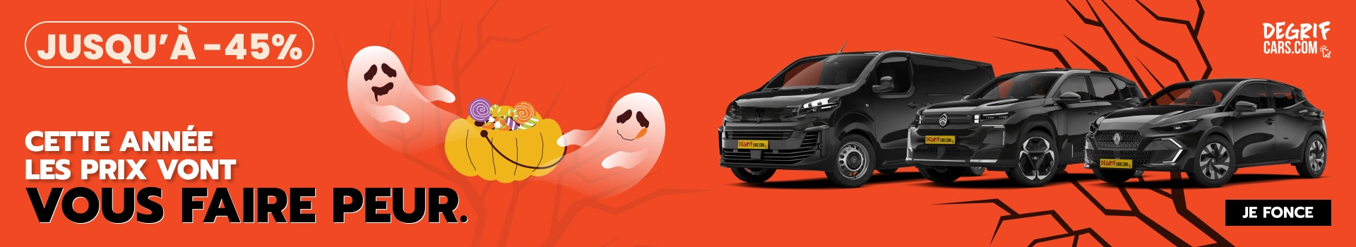Bannière Halloween Degrifcars avec un SUV, une citadine et un utilitaire, ambiance mystérieuse et offre promotionnelle jusqu’à -45 % sur une sélection de voitures neuves et d’occasion.