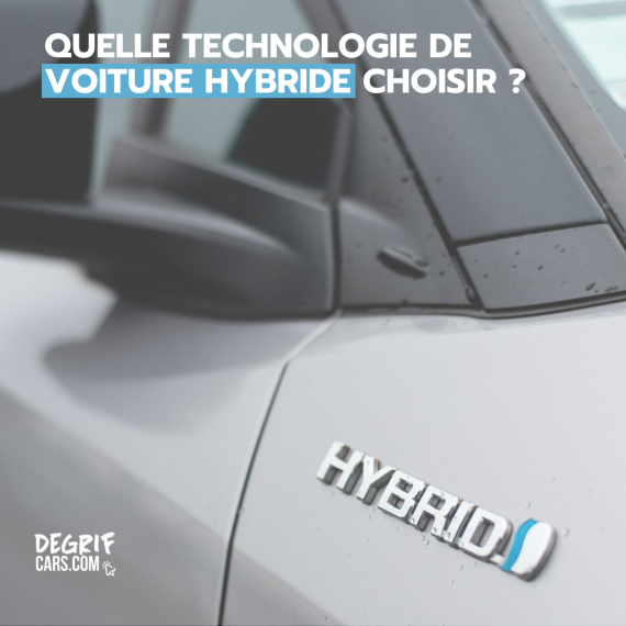 Image photo d’une voiture neuve ou d’occasion hybride avec le logo sur le véhicule en évidence hybrid.