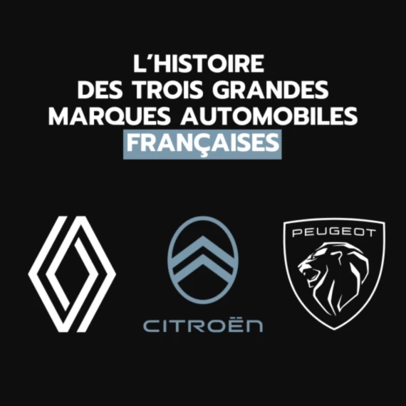 Marques de voitures emblématiques françaises : Peugeot, Renault et Citroën avec leurs modèles récents et historiques.