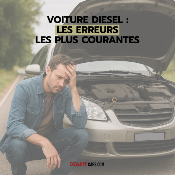 Voiture diesel en panne sur la route avec le capot ouvert avec vue sur le moteur du véhicule.