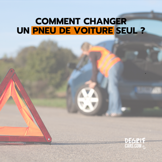 Conducteur changeant un pneu de voiture en toute sécurité grâce aux conseils de Degrifcars.com, mandataire automobile au meilleur prix